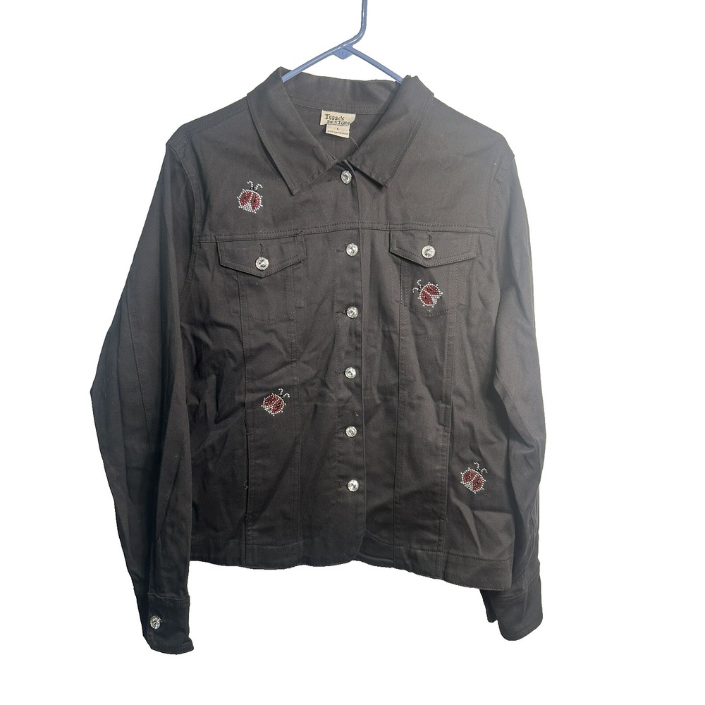 isaac designs womens black jean jacket ladybugs size large